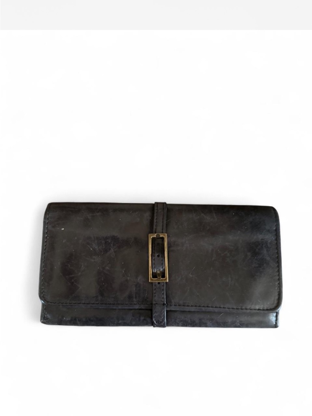HOBO Black Leather Fold-Over Wallet with Center Strap and Brass Buckle